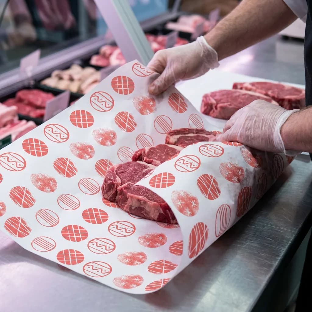 Macellaio che incarta tagli di carne in un foglio di carta politenata con la stampa natalizia rossa