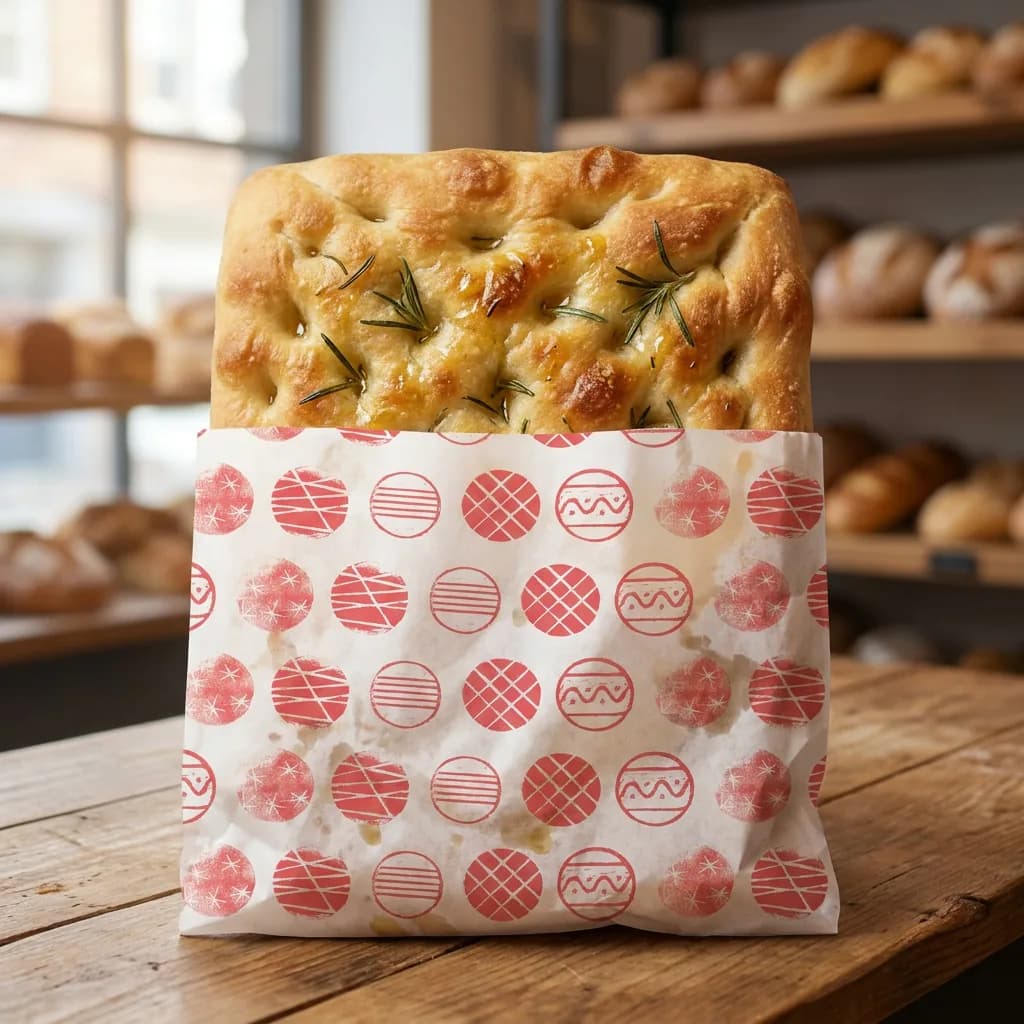 Focaccia calda avvolta in un foglio di carta politenata con la stampa natalizia rossa, sul bancone di un forno