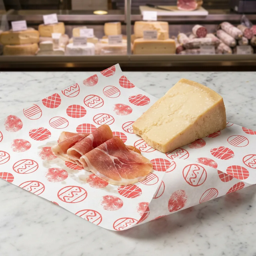 Foglio di carta politenata con la stampa natalizia rossa sul banco di una gastronomia, con prosciutto crudo e una punta di grana