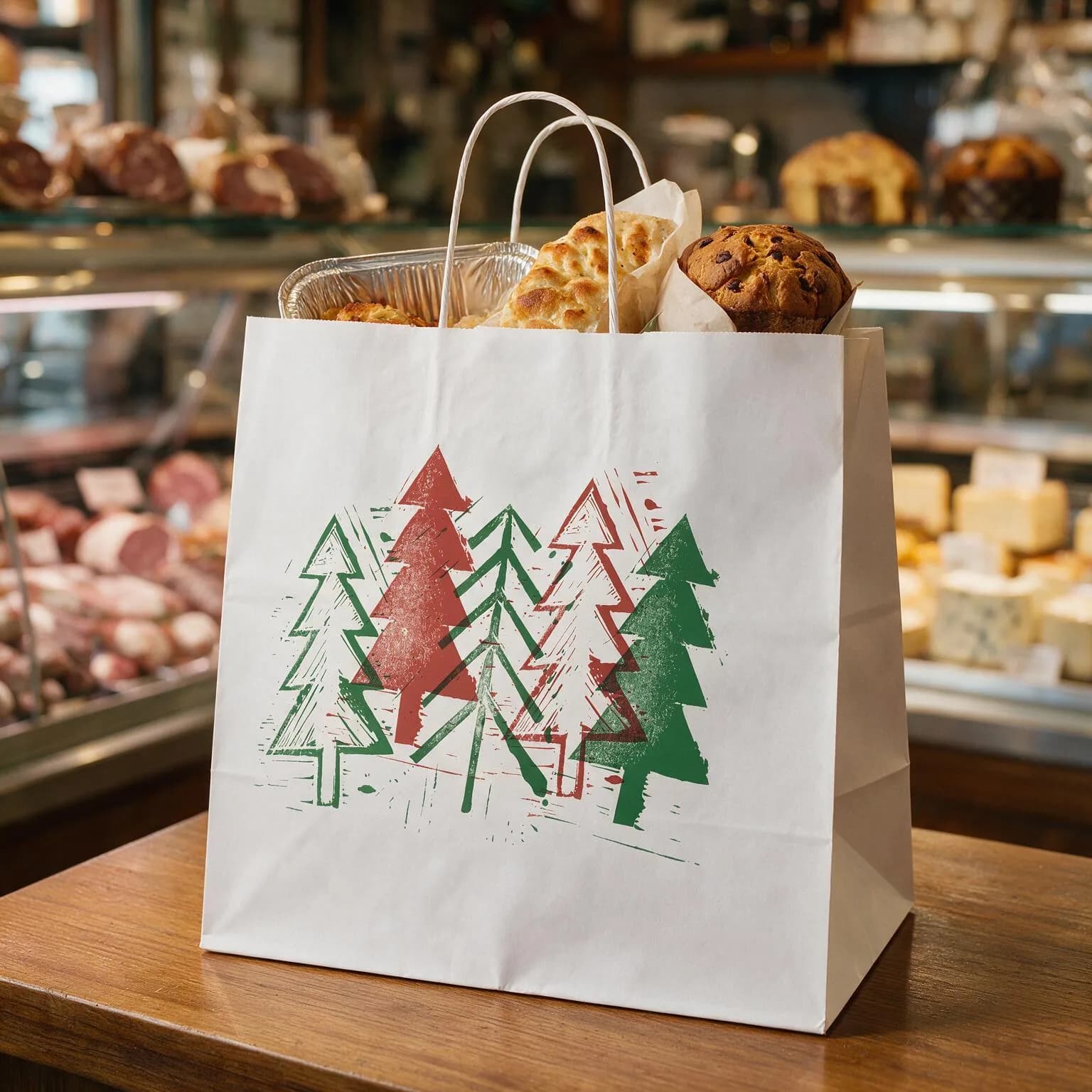 Borsa duplex take-away 32+23 × 35 cm con la stampa natalizia degli alberi, piena di focaccia e panettone sul banco di una gastronomia