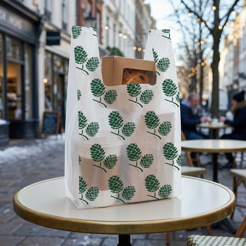 Shopper biodegradabile 28 × 50 cm con la stampa natalizia delle pigne verdi