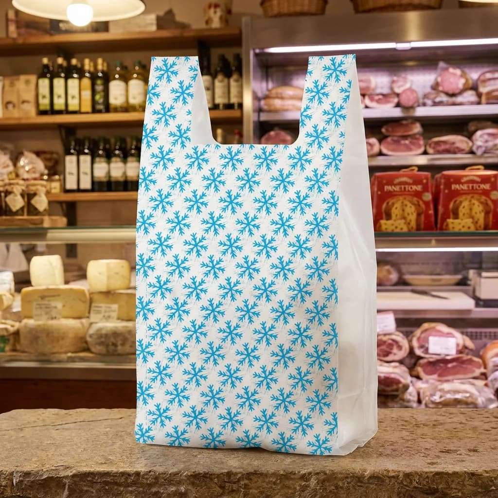 Shopper maxi 30 × 60 cm con fiocchi di neve azzurri in una gastronomia, accanto ai panettoni